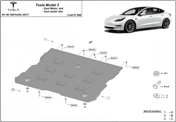 Blindagem frontal do motor elétrico para Tesla Model 3 AWD