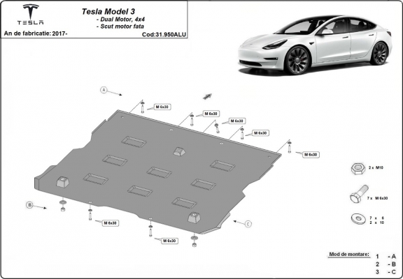 Proteção frontal do motor elétrico em alumínio para Tesla Model 3 AWD
